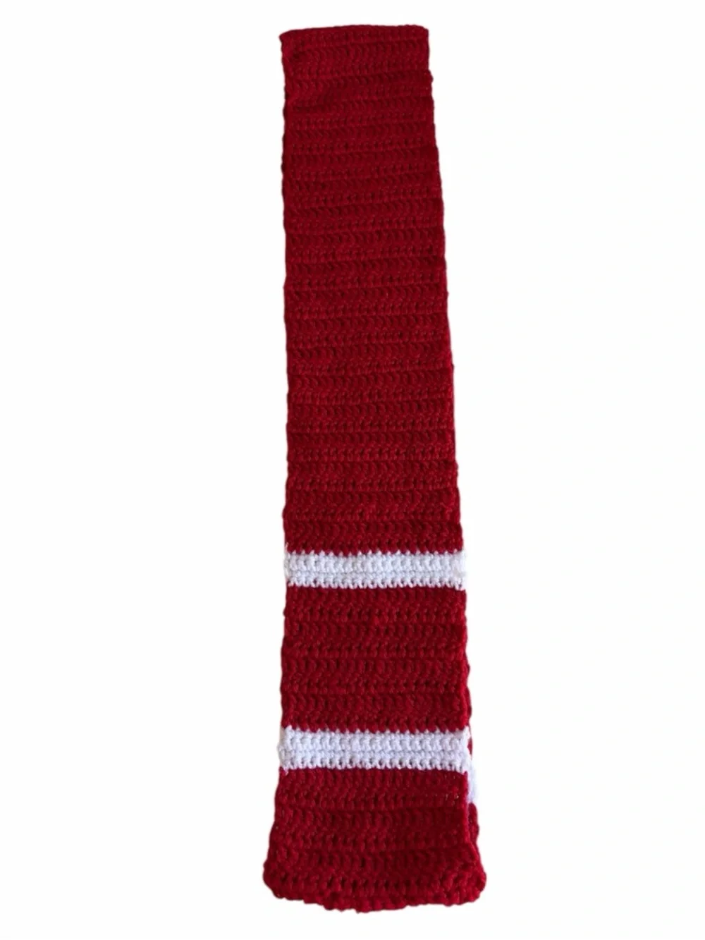 Cozy Handmade Red Infinity Crochet Scarf with White Accent Stripes